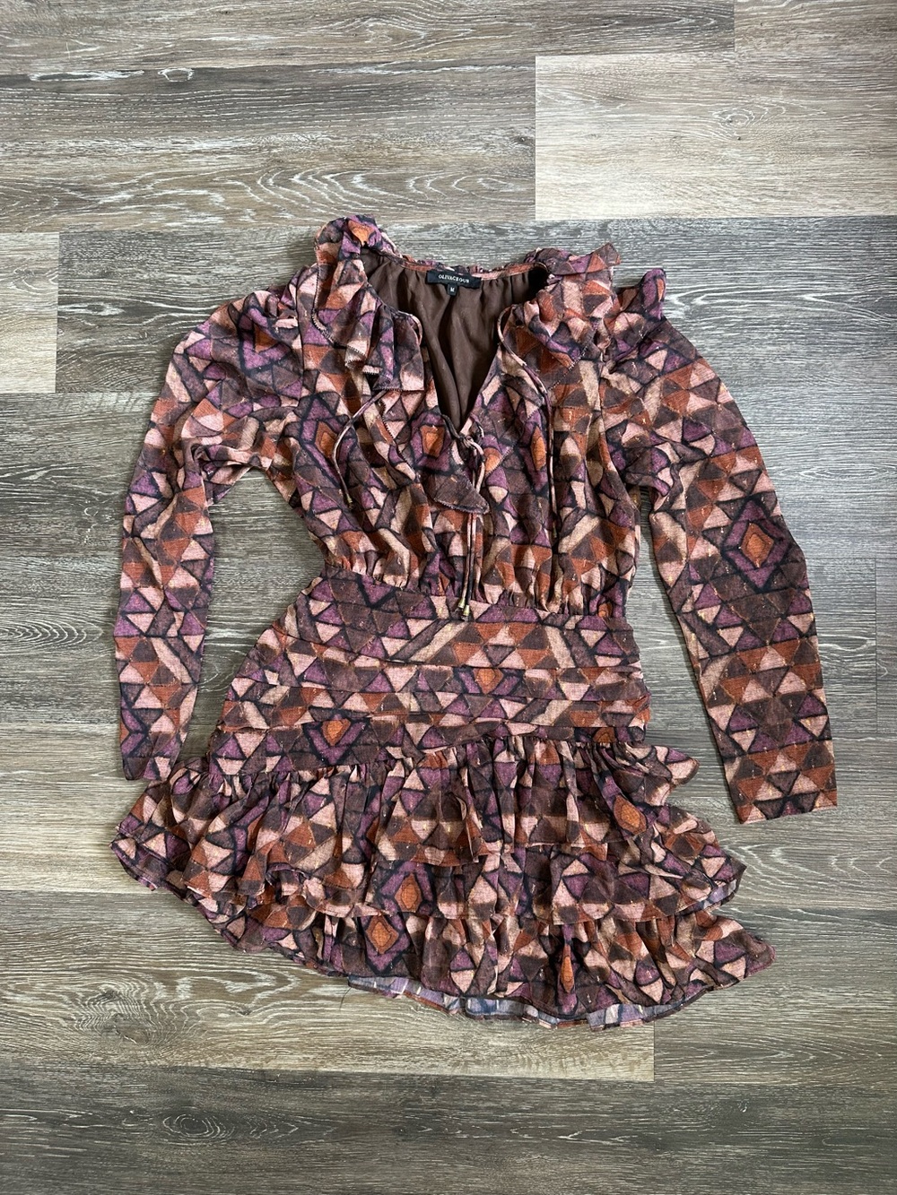 Olivaceous Geometric Ruffle Mini Dress Purple Brown Long Sleeve Size M